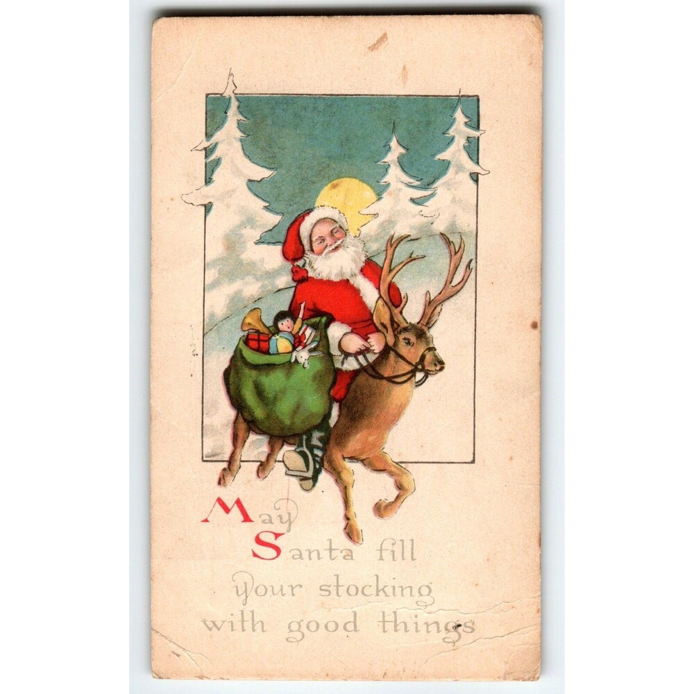 Santa Claus Christmas Postcard Saint Nick Rides Reindeer Moon Snow Gibson 1910's